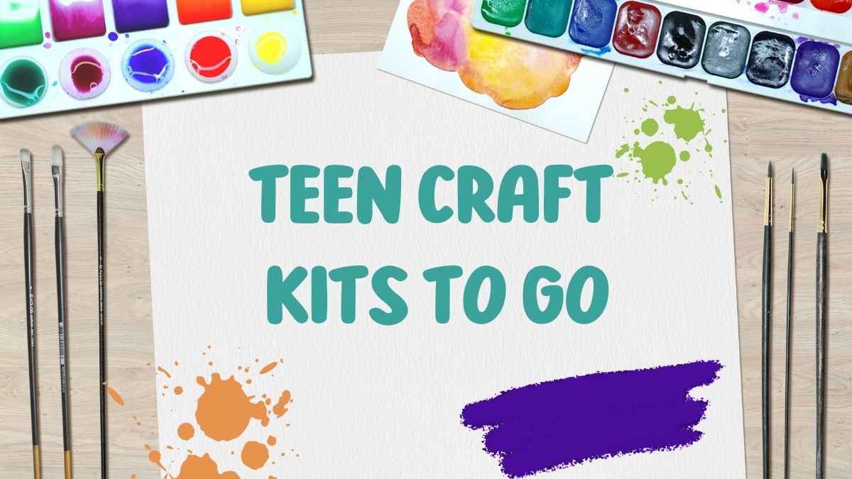 teen craft kits written on a white background with watercolor paint and paint brushes around the text.