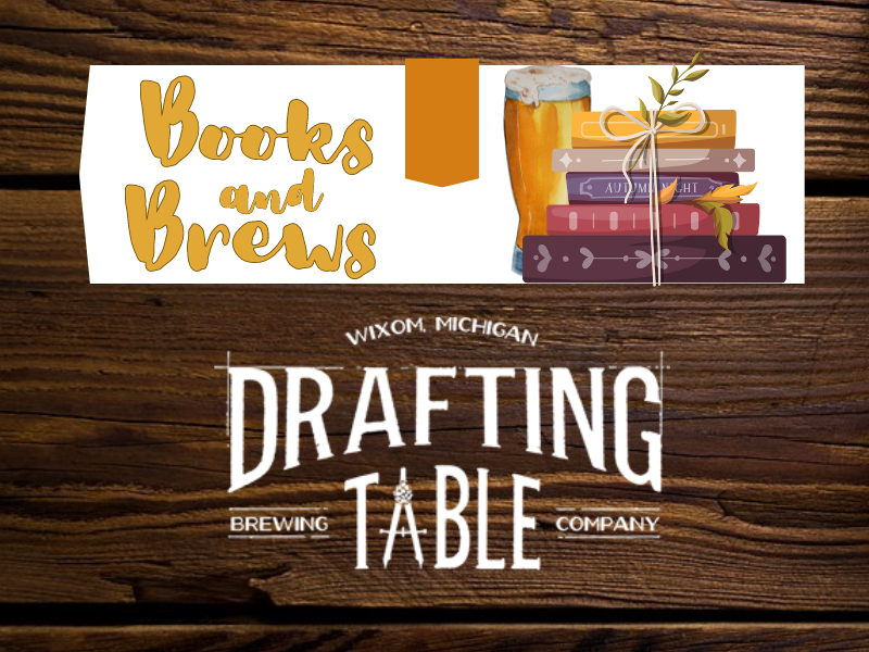 Text "Books and Brews" next to a graphic of books and a drink above text " Drafting Table Brewing Company, Wixom, Michigan"