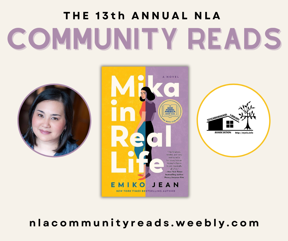 13th Annual Community Reads with book cover of Mika in Real Life by Emiko Jean. Yellow and purple background with woman turning her head back. 