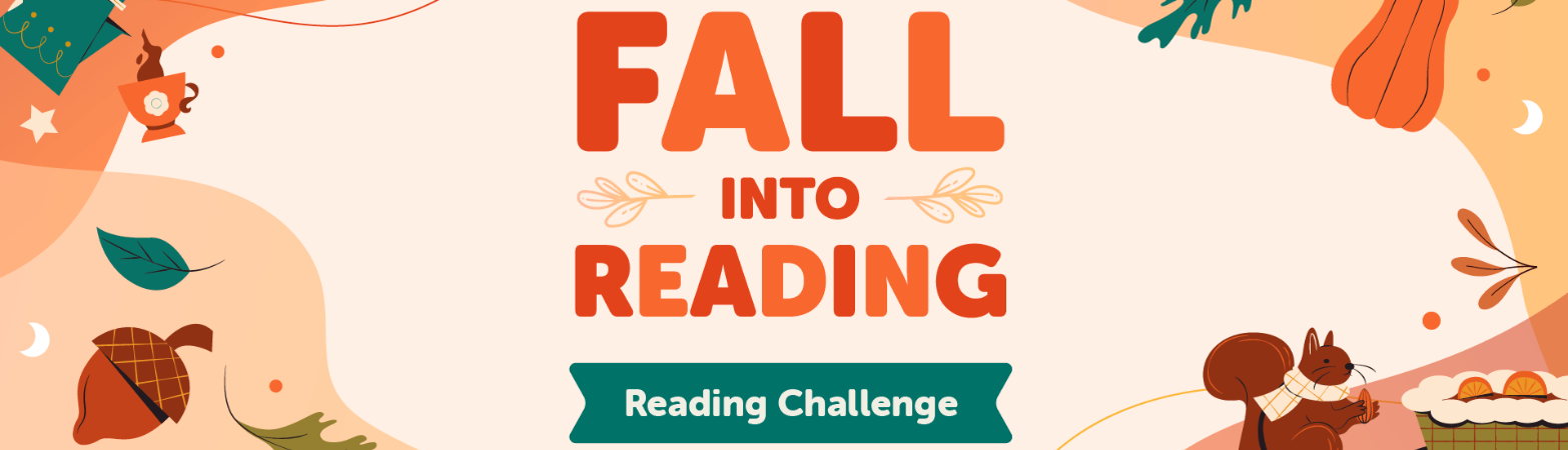 Fall into reading challenge. Orange background featuring a squirrel, acorn and pumpkin.d 