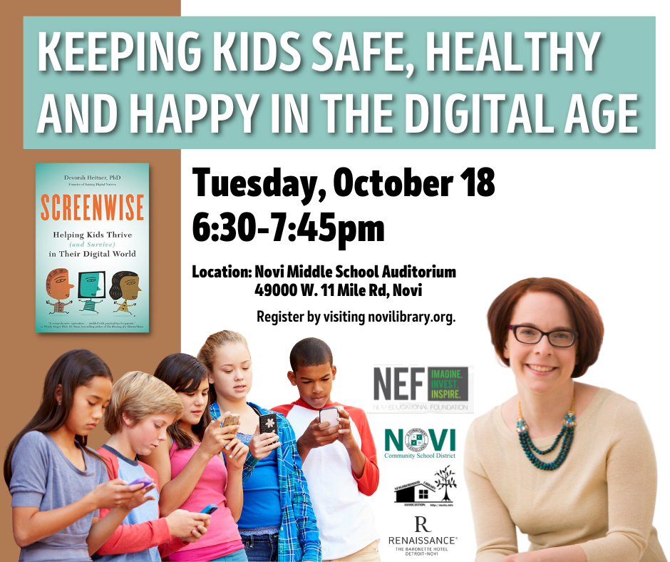 Book cover of Screenwise, photograph of author Dr. Devorah Heitner and five kids looking down at phone screens