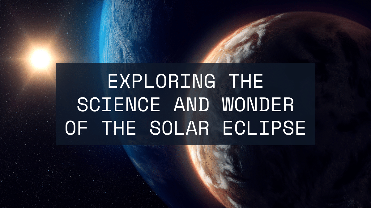 A graphic of a solar eclipse as seen in space with the text 