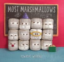 Book cover of Most Marshmallows by Rowboat Watkins depicting 12 marshmellows standing four in a row and stacked three high with cloths and face drawn on them with different expressions 