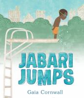 book cover of Jabari Jumps by Gaia Cornwall depicting a boy in an orange swimsuit looking over the edge of a diving board