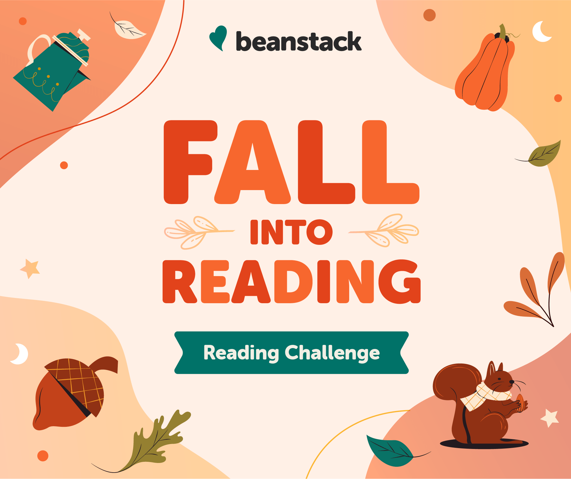 Fall into reading challenge. Orange background with pumpkins, acorns and a squirrel.
